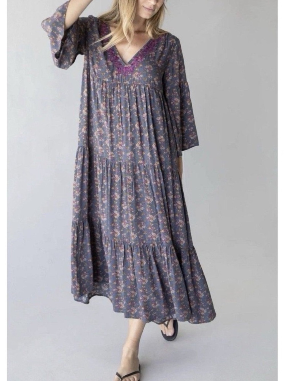 Natural Life Small Oversized Floral Tiered Embroidered Dress Circle Boho Maxi